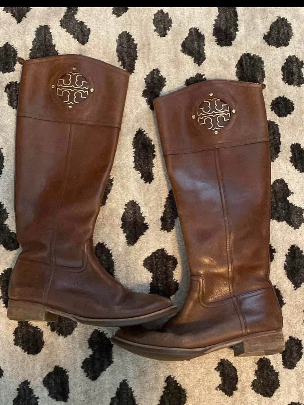 Tory Burch Chestnut Brown Leather Tall Riding Boots with Logo Medallion